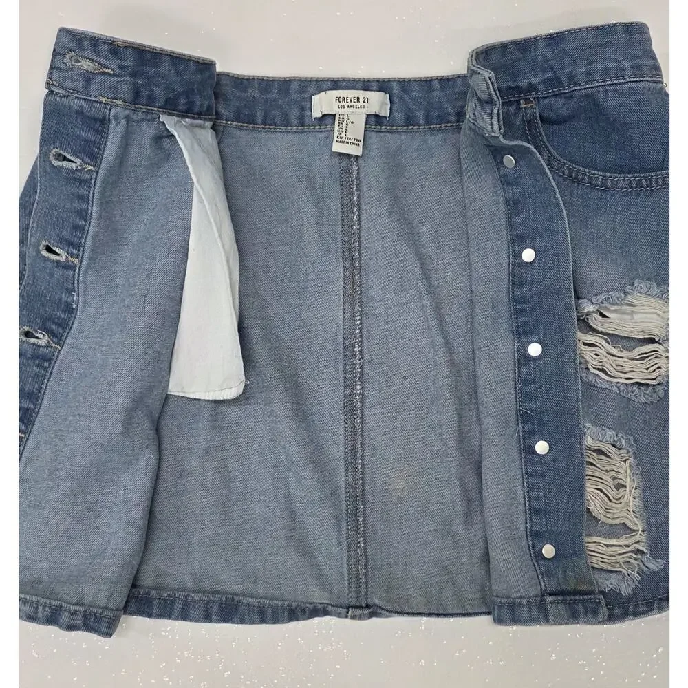 Forever 21 Distressed Denim Mini Skirt Button Front Medium Wash Size Large